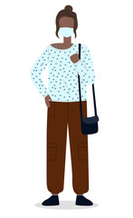 Vector illustration of young black afro woman wearing face medical mask standing at white background. Viral pandemic. Coronavirus 2019-ncov flu. Respiratory protection from virus pandemia