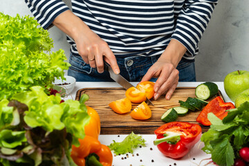 Woman cooking healthy vegan diet food. Cutting vegetables in the kitchen.