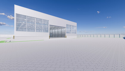 3d rendering of large hangar building and paver brick floor and open shutter door in perspective view for background, clean and new condition.