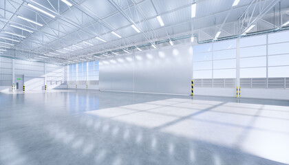 Hangar or industrial building inside. Safety and protection with automatic sliding door. Modern interior design with concrete floor, steel wall and empty space for industry background. 3d render.