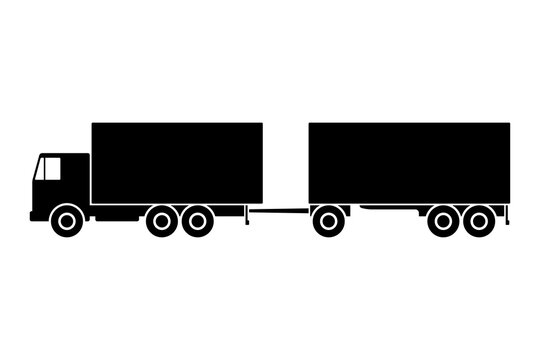 Truck tractor with trailer icon. Black silhouette. Side view. Vector flat graphic illustration. Isolated object on a white background. Isolate.