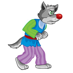 angry wolf in pants, fairy tale character, cartoon illustration, isolated object on a white background, vector illustration,