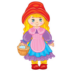 girl in a red hat and a basket in her hands, little red riding hood, fairy tale character, cartoon illustration, isolated object on a white background, vector illustration,