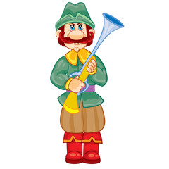 hunter with a gun in his hands, vintage, fairy tale character, cartoon illustration, isolated object on a white background, vector illustration,