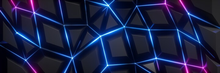 3d render, abstract futuristic polygonal split cracked black texture with glowing pink blue neon light. Horizontal panoramic background
