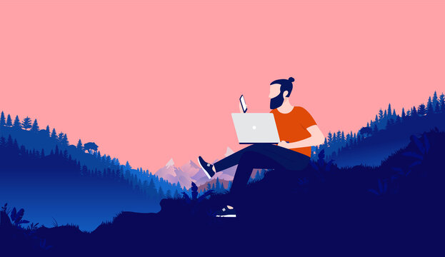 Working Outside In Wilderness - Bearded Man With Laptop And Smartphone Working Outdoors In Nature With Landscape, Forest And Mountains In Background. Remote Work And Freedom Concept. Vector.