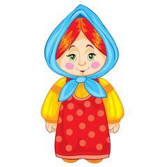little girl with a scarf on her head and in an old dress someone daughter or granddaughter, fairy tale character, isolated object on a white background, vector illustration,