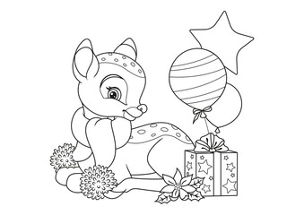 Christmas Deer with Gifts Coloring Page. Black and white cartoon illustration