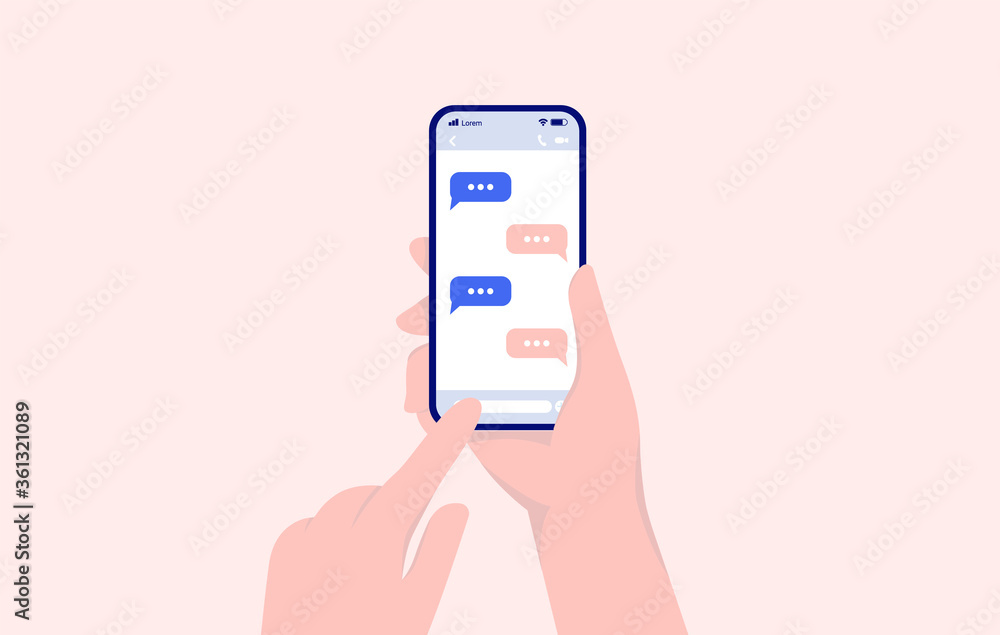 Aufkleber texting - person sending text messages on smartphone. phone in right hand, and writing with left han