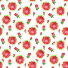 Watercolor seamless summer pattern on a white background. Hand-drawn seamless pattern with straw hat and ice cream in watermelon style. 3 August International watermelon day decoration.
