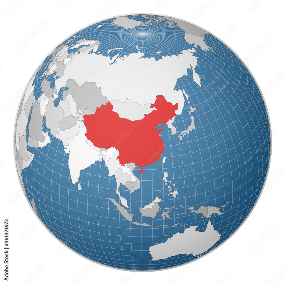 Poster globe centered to china. country highlighted with green color on world map. satellite world projecti