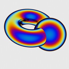 3D rendering of holographic iridescent torus shape on white background isolated. Vaporwave and synthwave style abstract CG illustration.