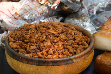 Traditional junk food from Balkan - deep fried pork greaves, so called cvarci