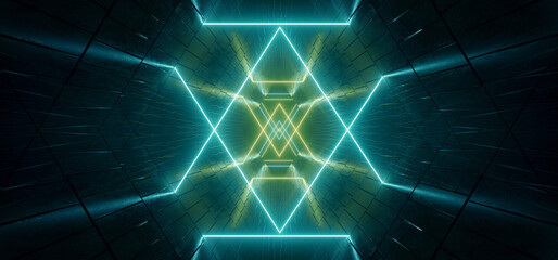 Neon Laser Star Shaped Blue Green Alien Spaceship Modern Tunnel Corridor Sci Fi Futuristic Future Reflective Metal Dark Realistic Background 3D Rendering © IM_VISUALS