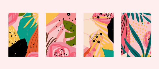 Colorful leaves and flowers card templates set. Exotic design for web banner, brochure, cover, flyer, invitation, placad, poster, for beauty and natural products, spa and wellness, fabric and fashion