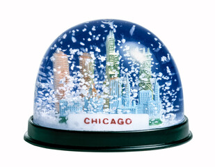 snow globe of Chicago with falling snow on white background