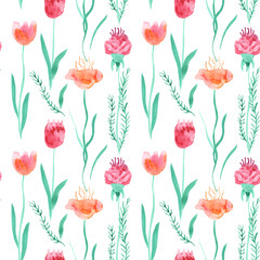 Fototapeta na wymiar Watercolor seamless pattern with leaves and fantasy flowers on long stalks orange and pink colors on white background. Beautiful textile print. Great for fabrics, wrapping papers, wallpapers, covers.