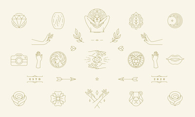 Vector line women decoration design elements set - women face and gesture hands illustrations simple linear style