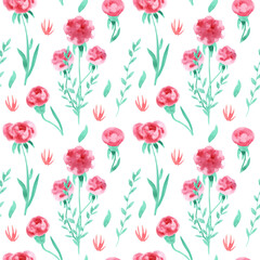 Watercolor seamless pattern with leaves and fantasy pink peony and rose flowers  on white background. Beautiful textile print. Great for fabrics, wrapping papers, wallpapers, covers, linens.