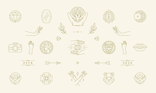 Vector Line Women Decoration Design Elements Set - Women Face And Gesture Hands Illustrations Simple Linear Style