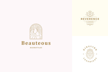 Vector line logos emblems design templates set - female face and lion head illustrations simple minimal linear style