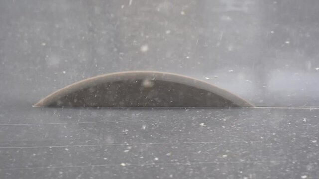 Sierra electrica redonda de carpintero cortando una tabla de madera por la mitad