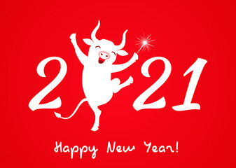 a merry bull with a sparkler dancing with the numbers 2021. Holiday card or congratulation on Chinese New Year.