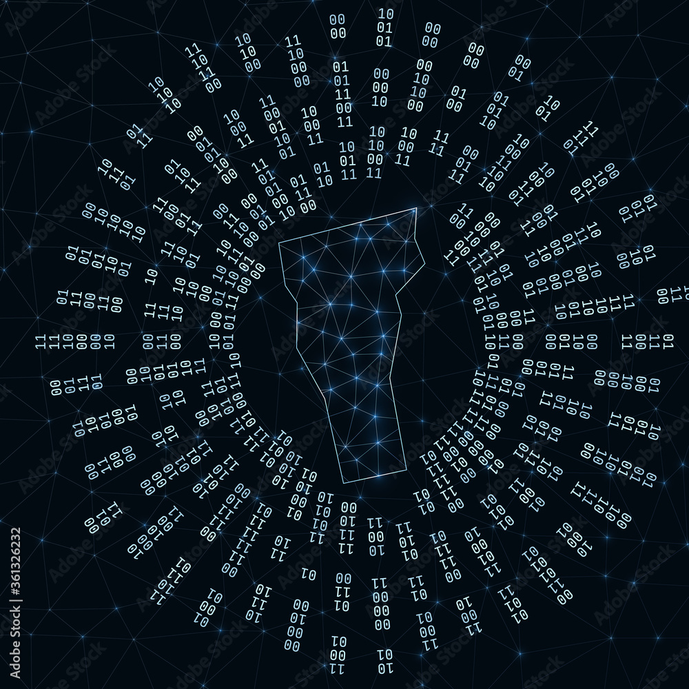 Poster vermont digital map. binary rays radiating around glowing us state. internet connections and data ex