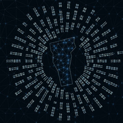 Vermont digital map. Binary rays radiating around glowing US state. Internet connections and data exchange design. Vector illustration.