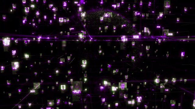 Abstract social network users connection. Big data concept with the flow of men and women photos linked in the internet space with earth model on background, 3d rendering transforming 4K video in