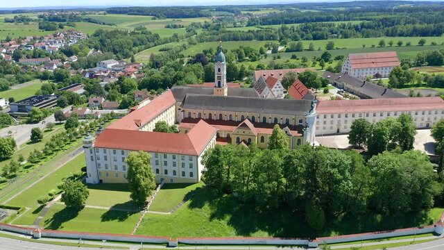 Aerial view, flight at Ochsenhausen monastery, with St. Georg monastery church, Ochsenhausen, Biberach district, Upper Swabia, Baden-W&uuml;rttemberg, Germany