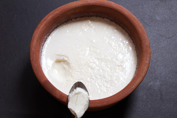 Home made curd in a earthen bowl
