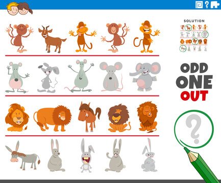 odd one out picture game with funny animal characters
