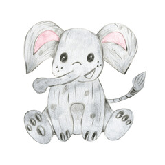 Baby watercolor elephant.Children Printables, Nursery Print.Baby Shower. Isolated on a white background.