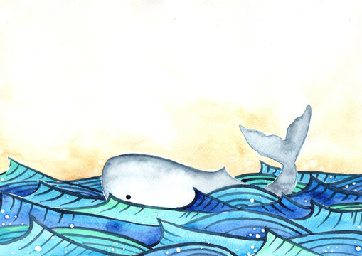 Whale swimming in the ocean wave watercolor hand painting background.