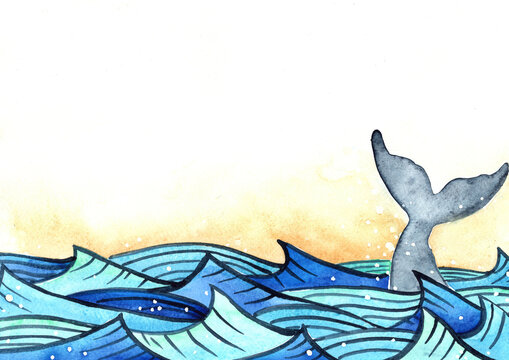 Whale's tail in the ocean wave watercolor hand painting background.