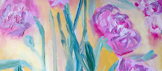 Horizontal colorful flowers wallpaper. Pink handpainted peonies on a bright yellow background.
