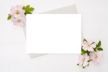 Greeting card, wedding invitation mockup, horizontal blank white paper card and envelope for design or text display, feminine stationery with pink flowers.