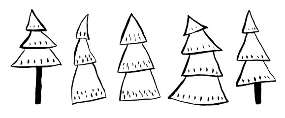 watercolor hand drawn illustration set with black outline christmas pine fir trees textured elegant graphic and minimalist on white isolated backgroun. For scandinavian new year textile wrapping paper