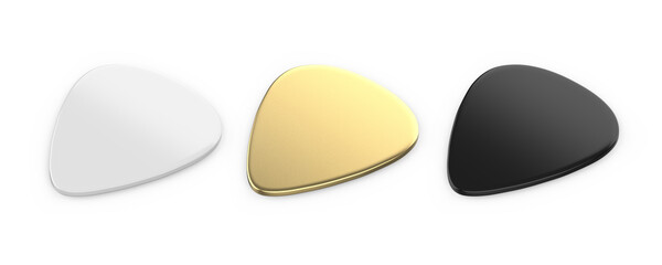 Guitar picks mockup template on isolated white background, 3d Illustration