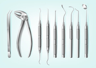 Vector set of realistic professional dental tools isolated on blue background. Stainless steel handheld medical instrument for treatment and tooth extraction. Oral medical devices for inspection teeth