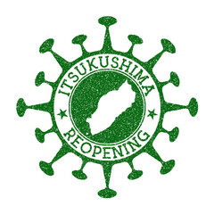 Itsukushima reopening stamp. Green round badge of island with map of Itsukushima. Island opening after lockdown. Vector illustration.