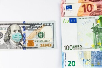 US dollar and Multi Currency with mask indicating COVID affects on financial crisis