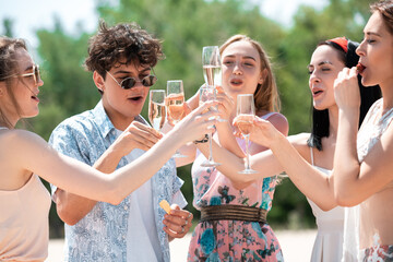 Cheers, clinking glasses. Seasonal feast at beach resort. Group of friends celebrating, resting, having fun in sunny summer day. Look happy and cheerful. Festive time, wellness, holiday, party.