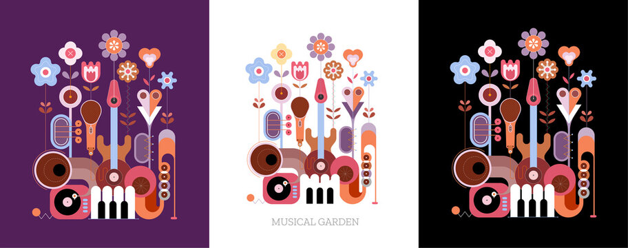 3 options of colored design isolated on a violet / on a white / on a black background Flowers and Musical Instruments vector illustration. Blossoming flowers grow from music instruments.