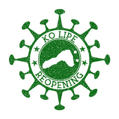 Ko Lipe reopening stamp. Green round badge of island with map of Ko Lipe. Island opening after lockdown. Vector illustration.