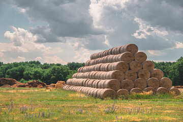 Round haystacks stacked on top of each other in a field. against the sky with clouds. summer heat. countryside. farming. © Alexandr Pobeda