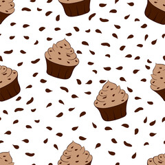 Tasty chocolate cupcakes isolated on white background. Sweet dessert seamless pattern. Vector illustration