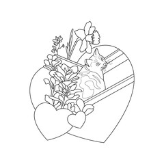 Cat coloring page. Cute cat in the deckchair. With pretty flowers and hearts. illustration vector.