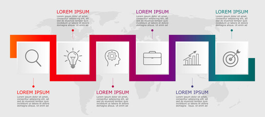 Naklejka premium Business infographic Vector with 6 steps. Used for presentation,information,education,connection,marketing, project,strategy,technology,learn,brainstorm,creative,growth,abstract,stairs,idea,text,work.